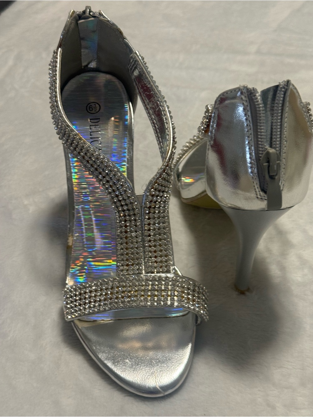 Delicacy Silver Rhinestone T-Strap Heels
